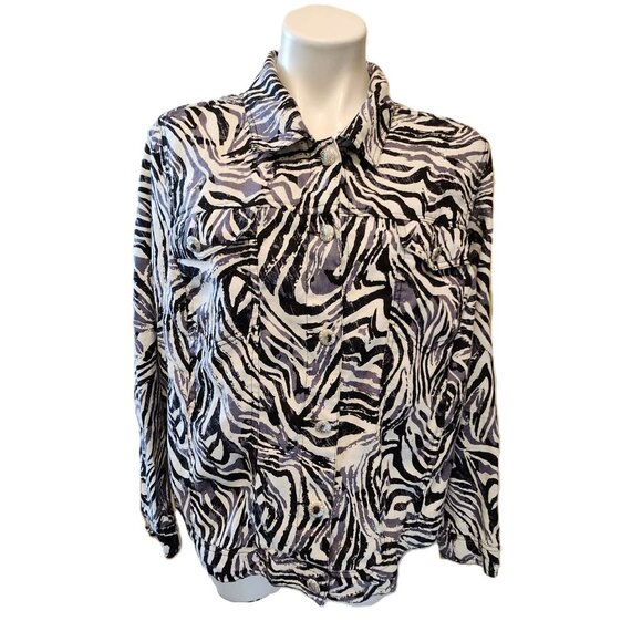 ❤️ 4/$20 Lucy & Laurel Woman jacket Zebra stripe Women's 2X button-up 100% linen - Picture 1 of 11